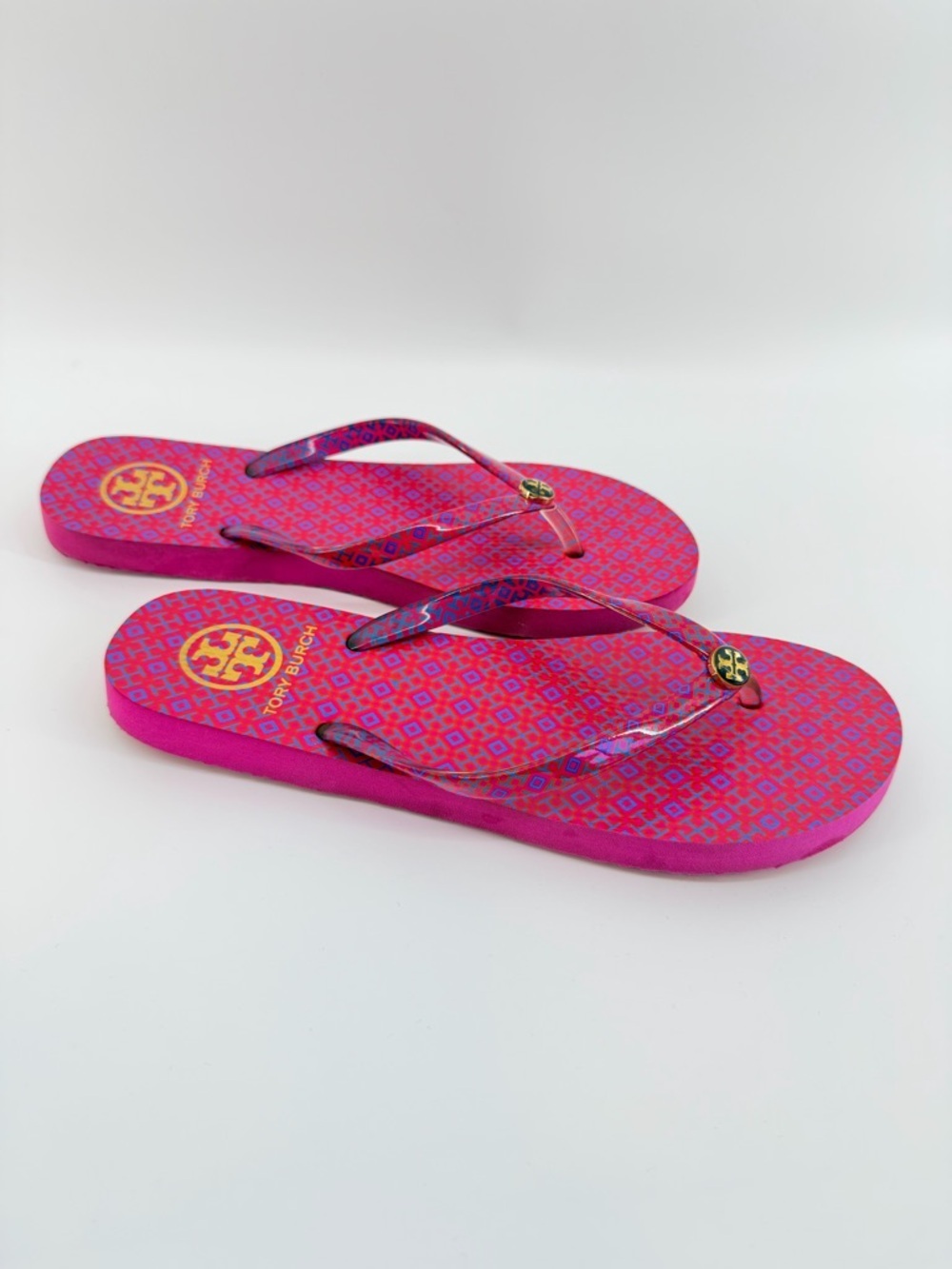 Tory Burch Hot Pink and Gold Logo Thandie Flip Flop Sandals